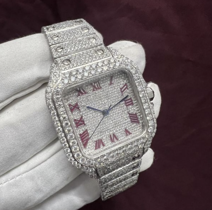 Cartier Moissanite Diamond Fully Iced Out Roman Red Dial Watch