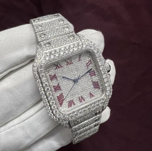 Cartier Moissanite Diamond Fully Iced Out Roman Red Dial Watch