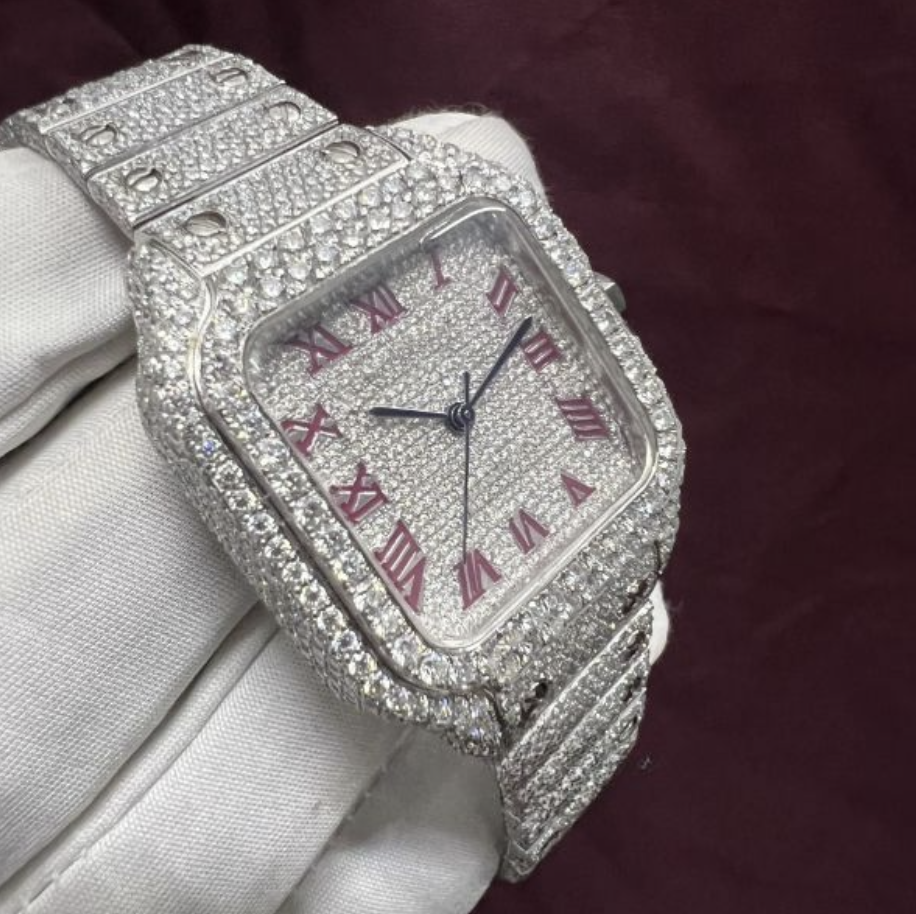 Cartier Moissanite Diamond Fully Iced Out Roman Red Dial Watch