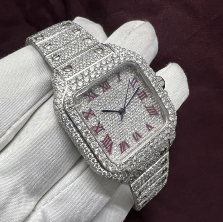 Cartier Moissanite Diamond Fully Iced Out Roman Red Dial Watch