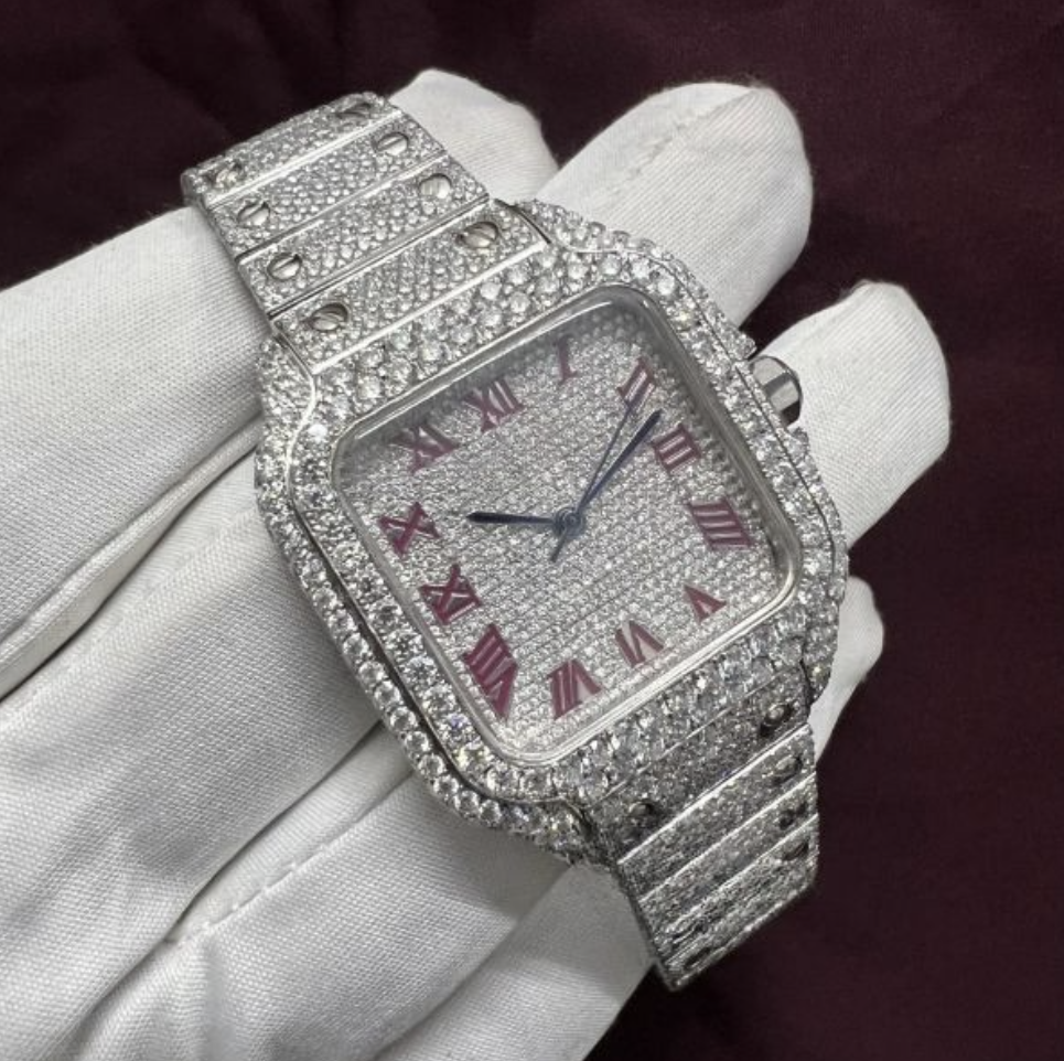 Cartier Moissanite Diamond Fully Iced Out Roman Red Dial Watch